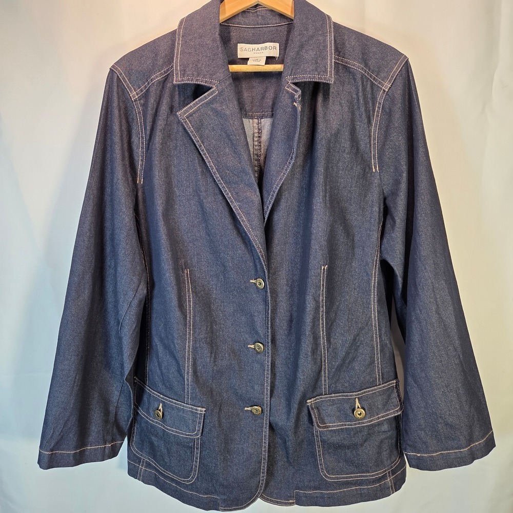 Sag Harbor‎ Blue Denim Jacket Blazer Womens 1X Button-Up Lightweight Pockets